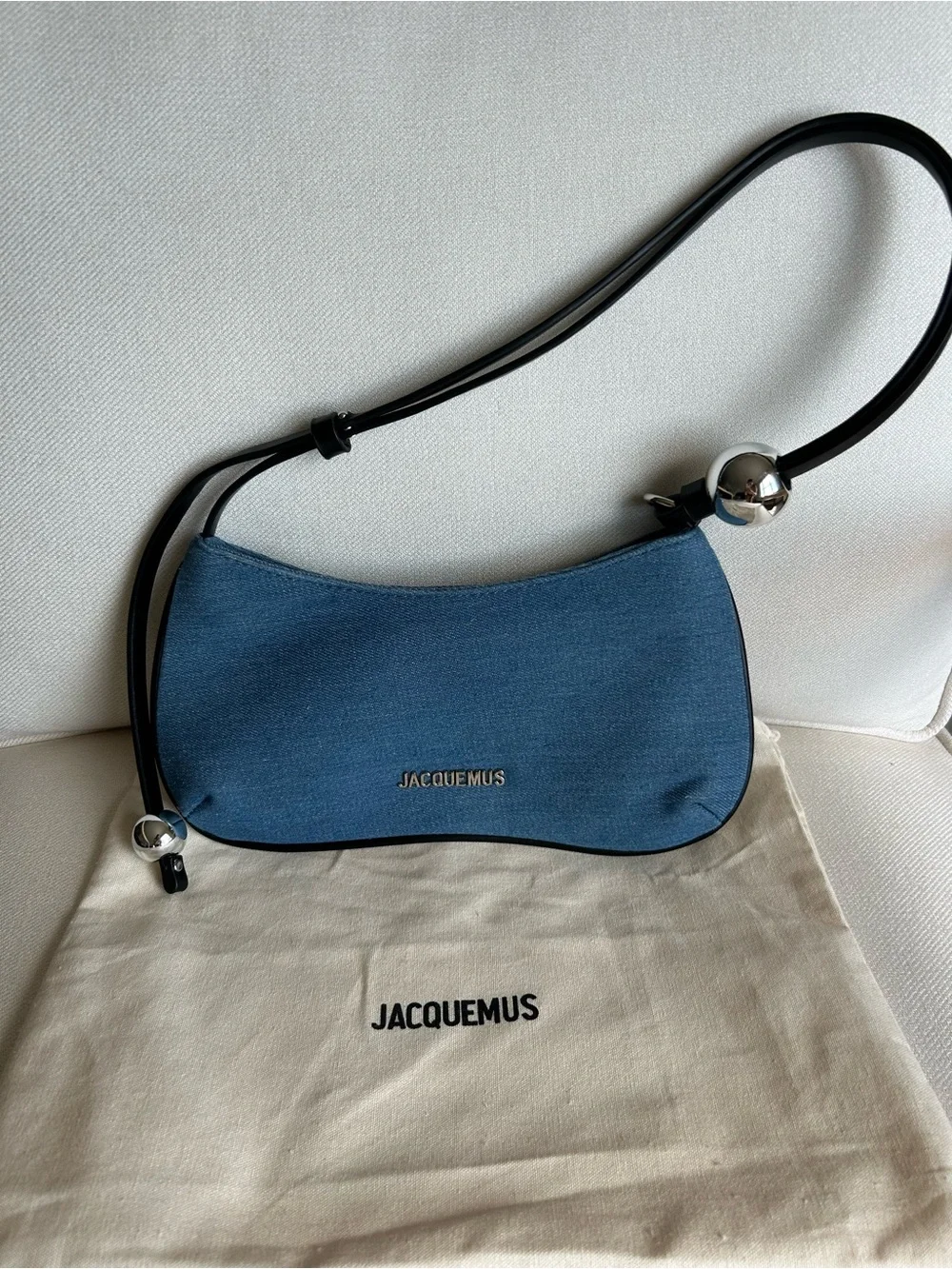 Jacquemus Denim Blue Canvas Shoulder Bag with Black Strap